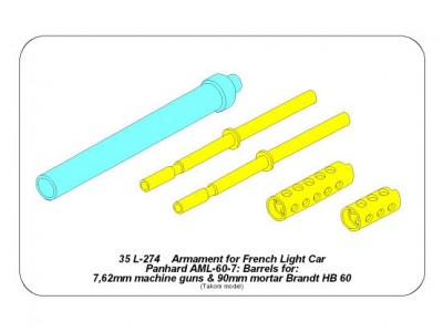 Armament for French Light Armoured Car AML-60-7, barrel for 7,62mm Macxhine guns x 2 pcs.  90mm mortar - 14