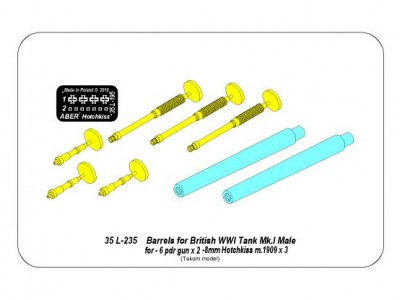 Barrels for British WWI Tank Mk.I Male – 6 pdr.  gun x 2 pcs.  8mm Hotchkiss m.1909 x 3 pcs. - 16