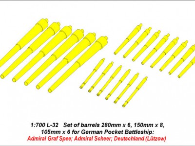 Zestaw luf do pancerników klasy Admiral Graf Spee 280mm x 6; 150mm x 8; 105mm x 6 - 4