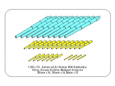 Barrels set for German WWI Battleships: König; Grosser Kurfürst; Markgraf; Kronprinz 305mm x 10, 150mm x 14, 88mm x 10 - 13