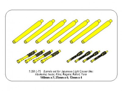Zestaw luf do Japońskiego lekkiego krążownika jak: Abukama; Isuzu; Kinu; Nagara; Natori; Yura -140mm x 7, 25mm x 4, 13mm x 4 - 7