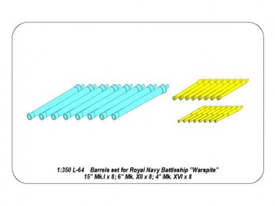 Set of Barrels for H.M.S. Warspite battleship- 15” Mk.Ix 8; 6” Mk.XII x 8; 4” Mk.XVI x 8  - 5