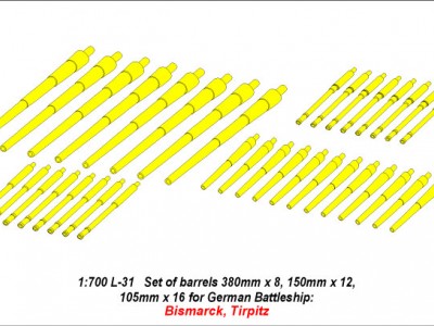 Zestaw luf do pancerników klasy Bismarck 380mm x 8; 150mm x 12; 105mm x 16 - 4