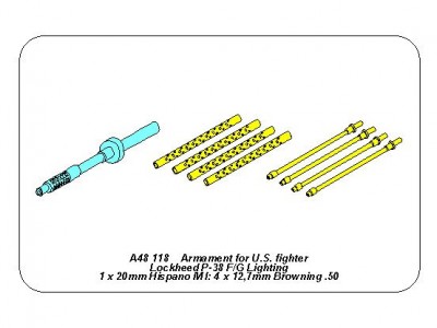 Zestaw uzbrojenia do amerykańskiego myśliwca  Lockheed P-38 F/G Lighting: 1 x 20mm  4x 12,7mm  - 7