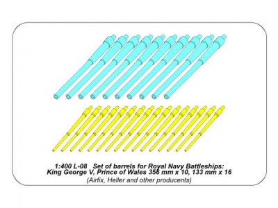 Set of barrels for Royal Navy Battleships King George V, Prince of Wales 356 mm x 10, 133 mm x 16 - 8