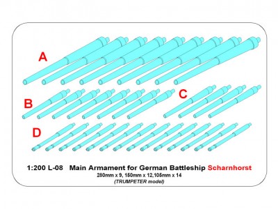 Main Armament for German battleship Scharnhorst: 280mm x 9; 150mm x 12; 105mm x 14 - 10